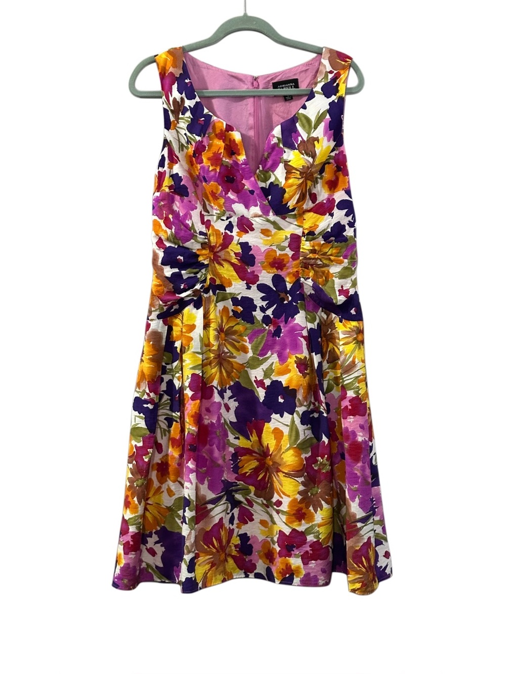 Adrianna Papell Floral Fit Flare Dress Sz 14 Pink Purple Sleeveless V-Neck Party